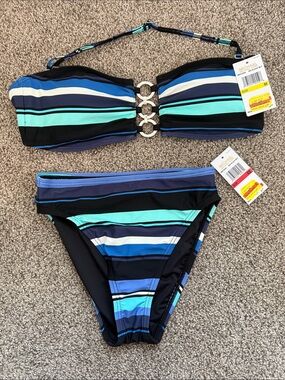 Michael Kors Aqua Navy White Striped Ring-Front Bandeau Bikini